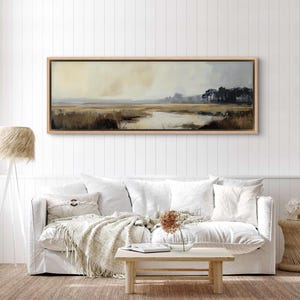 Relaxing Marsh Panoramic Wall Art - Earthy Tones Print for Rustic Coastal Decor, Perfect Long Narrow Above Bed Beach Cottage Decor
