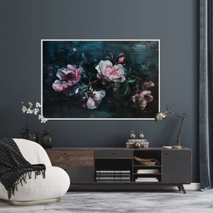 Emerald Nocturne  - A captivating floral display, with blooms of pink and white against a deep teal backdrop, exuding a mysterious, nocturnal charm.
