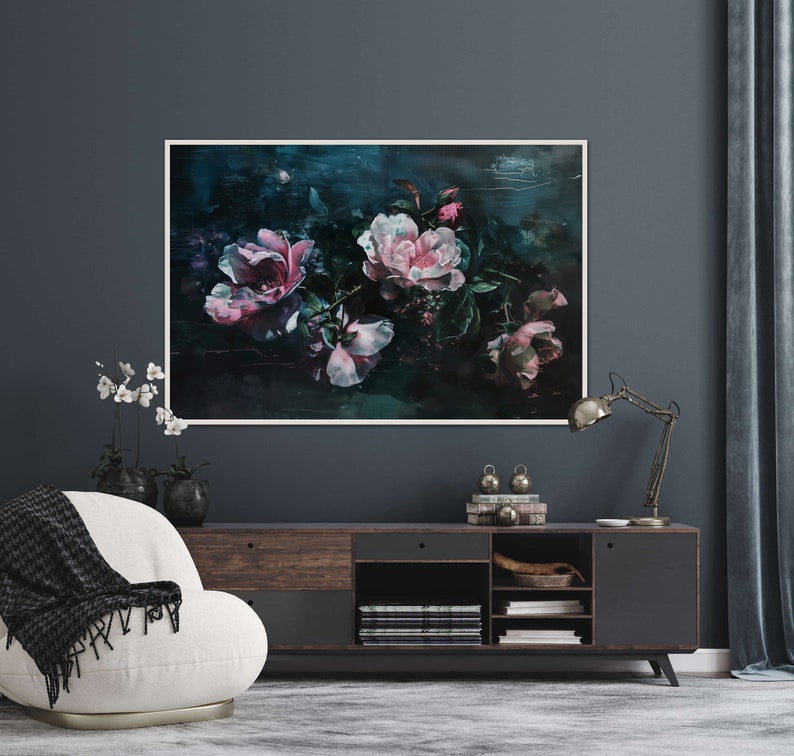 Emerald Nocturne  - A captivating floral display, with blooms of pink and white against a deep teal backdrop, exuding a mysterious, nocturnal charm.