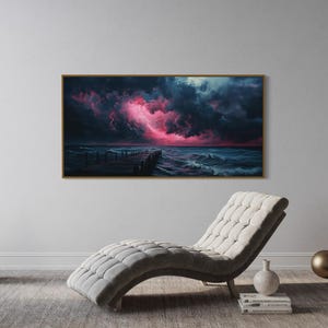 This dramatic storm canvas captures a dark ocean scene with a striking pink lightning sky over a wooden pier. The moody waves and vibrant storm clouds create a bold statement piece. Perfect for lovers of dramatic nature art, coastal décor.