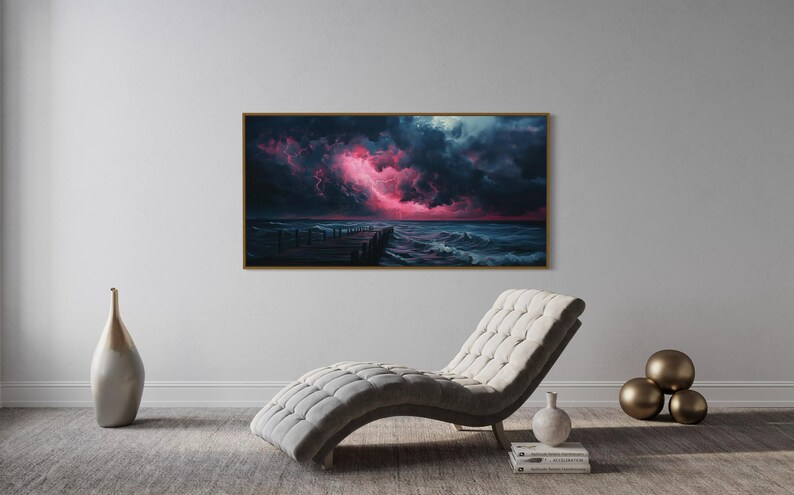 This dramatic storm canvas captures a dark ocean scene with a striking pink lightning sky over a wooden pier. The moody waves and vibrant storm clouds create a bold statement piece. Perfect for lovers of dramatic nature art, coastal décor.