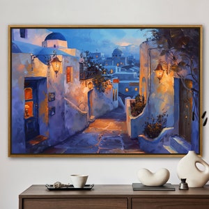 Twilight in Santorini - Lebhafte Farbe Griechische Landschaftsmalerei Druck, friedliche Schlafzimmerkunst mit rustikalem Charme und mediterraner Kunst