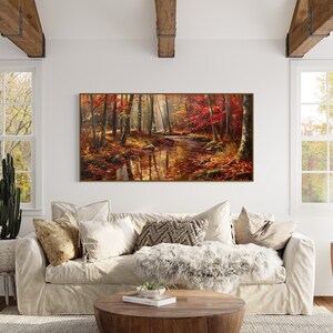 Autumn Whisper: A tranquil forest brook winds through a golden autumnal embrace, flanked by fiery red leaves and bathed in soft, dappled sunlight.