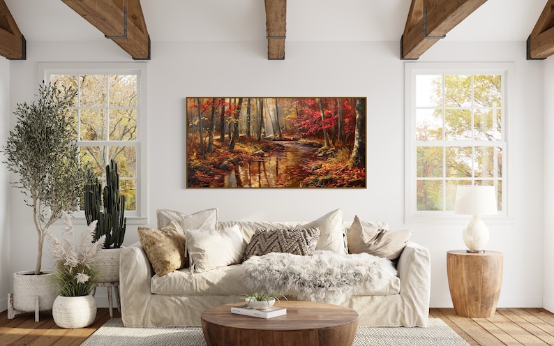 Autumn Whisper: A tranquil forest brook winds through a golden autumnal embrace, flanked by fiery red leaves and bathed in soft, dappled sunlight.