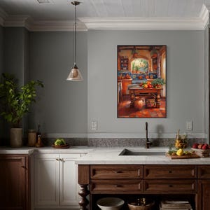 This vibrant art print captures a cozy Mexican kitchen filled with warm terracotta tones, rustic wooden furniture, and colorful tiles. Fresh produce, hanging plants, and pottery create a welcoming, homely feel. A perfect piece for farmhouse.