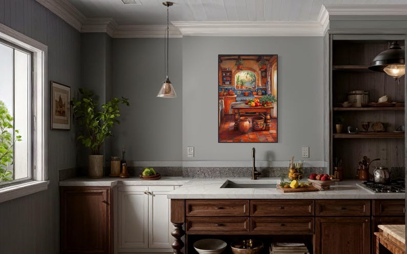 This vibrant art print captures a cozy Mexican kitchen filled with warm terracotta tones, rustic wooden furniture, and colorful tiles. Fresh produce, hanging plants, and pottery create a welcoming, homely feel. A perfect piece for farmhouse.