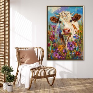Whimsical Bovine Beauty - A lively painting of a cow among a splash of colourful wildflowers, rendered in a playful, impressionistic style.