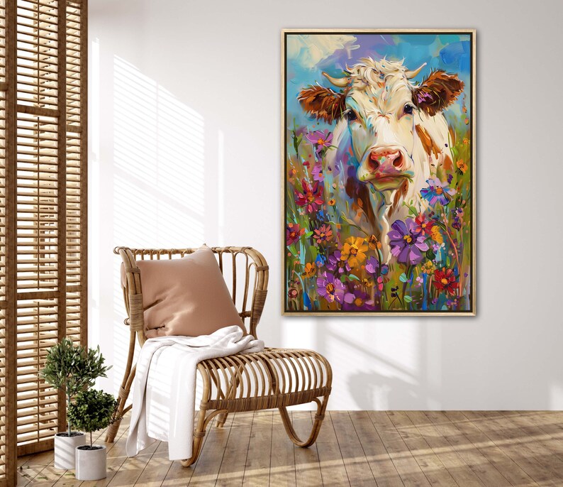 Whimsical Bovine Beauty - A lively painting of a cow among a splash of colourful wildflowers, rendered in a playful, impressionistic style.