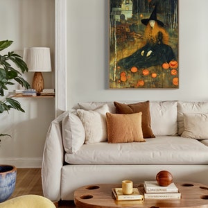 Captivating artwork of a witch in a mystical forest, surrounded by glowing pumpkins and an enchanted cottage, evoking a spellbinding Halloween night.