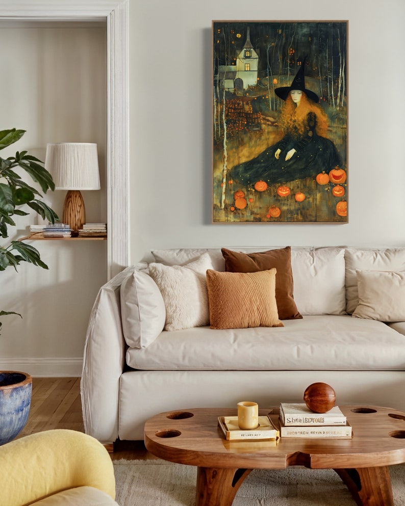 Captivating artwork of a witch in a mystical forest, surrounded by glowing pumpkins and an enchanted cottage, evoking a spellbinding Halloween night.