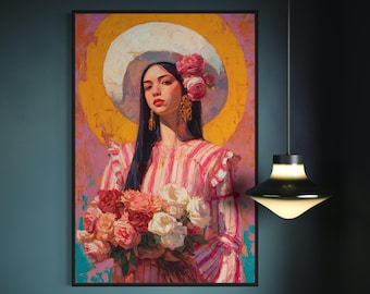 Modern Mexican Woman Art Print – Bold Latina Portrait Wall Art, Floral Boho Decor, Colorful Feminine Painting, Cultural Home Accent