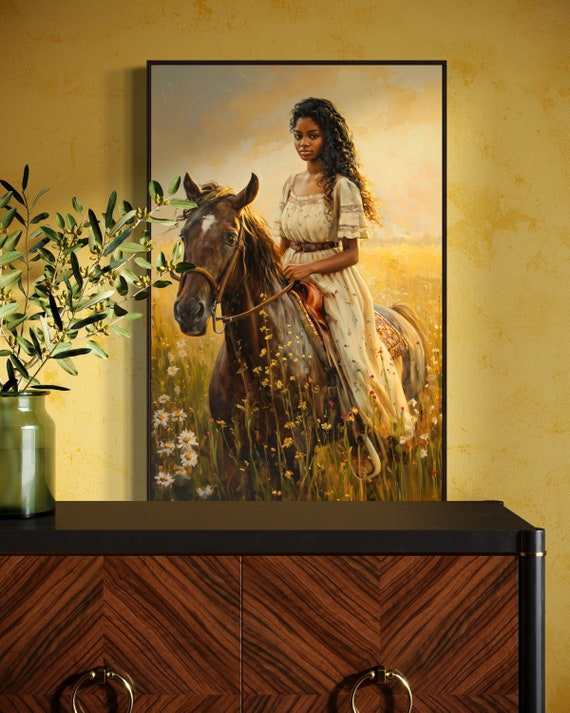 Vintage Horse Print with Beautiful Black Girl Portrait, Emotional Art for Horse Lovers, Woman Riding Horse for Coquette Room Decor