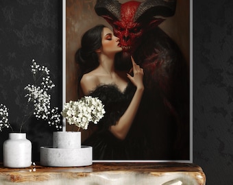 Dark Fantasy Gothic Wall Art – Demon and Woman Romance Painting (Printed Canvas)