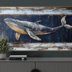 Rustic Whale Art Print – Nautical Coastal Wall Decor, Vintage Ocean Marine Animal Print, Beach House Blue Wall Art On Canvas