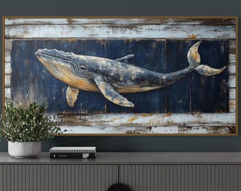 Rustic Whale Art Print – Nautical Coastal Wall Decor, Vintage Ocean Marine Animal Print, Beach House Blue Wall Art On Canvas