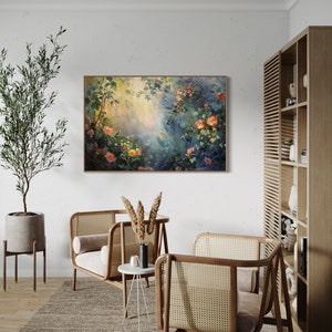 A sun-dappled garden, lush with blooming roses and climbing vines, bathes in the gentle caress of morning light, creating a serene and enchanting scene.