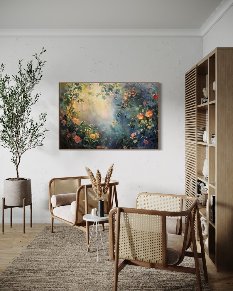A sun-dappled garden, lush with blooming roses and climbing vines, bathes in the gentle caress of morning light, creating a serene and enchanting scene.