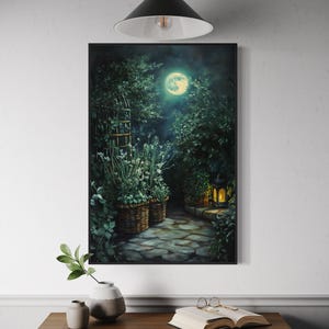 Moonlit Garden Wall Art – Dreamy Full Moon & Lantern Path Print, Enchanted Botanical Decor for Living Room or Above Bed Display