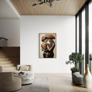 Romantic artwork of a Mexican couple in traditional attire, adorned with vibrant floral embroidery. Their intimate pose and exquisite details evoke passion and cultural elegance, perfect for adding warmth and charm to your home.
