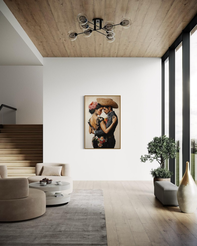 Romantic artwork of a Mexican couple in traditional attire, adorned with vibrant floral embroidery. Their intimate pose and exquisite details evoke passion and cultural elegance, perfect for adding warmth and charm to your home.