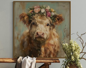 Highland Cow Flower Crown Wall Art – Cute Farmhouse Animal Print, Rustic Nursery or Cottagecore Cow Canvas for Living Room
