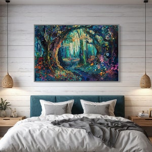 The enchanting woodland scene, ablaze with vibrant, whimsical colours, invites viewers into a magical forest where flora and fantasy intertwine.