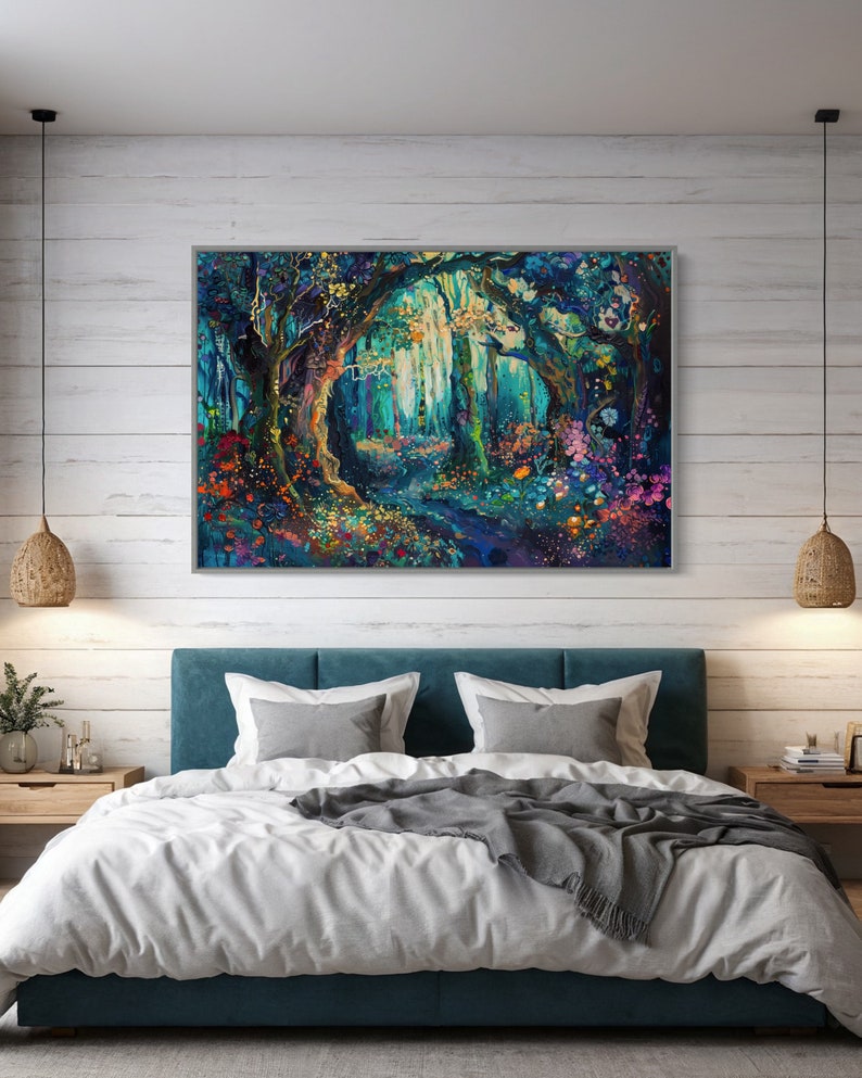 The enchanting woodland scene, ablaze with vibrant, whimsical colours, invites viewers into a magical forest where flora and fantasy intertwine.
