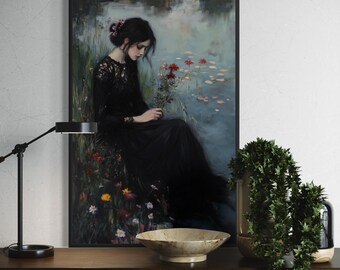Lámina artística de mujer gótica romántica – Arte mural sombrío de estilo academia oscura, retrato vintage junto al lago.