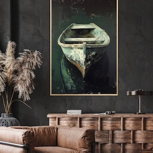 A tranquil artwork capturing a rustic boat's serene reflection in still waters, embodying a quiet escape and the beauty of simplicity. Ideal for a calming space.