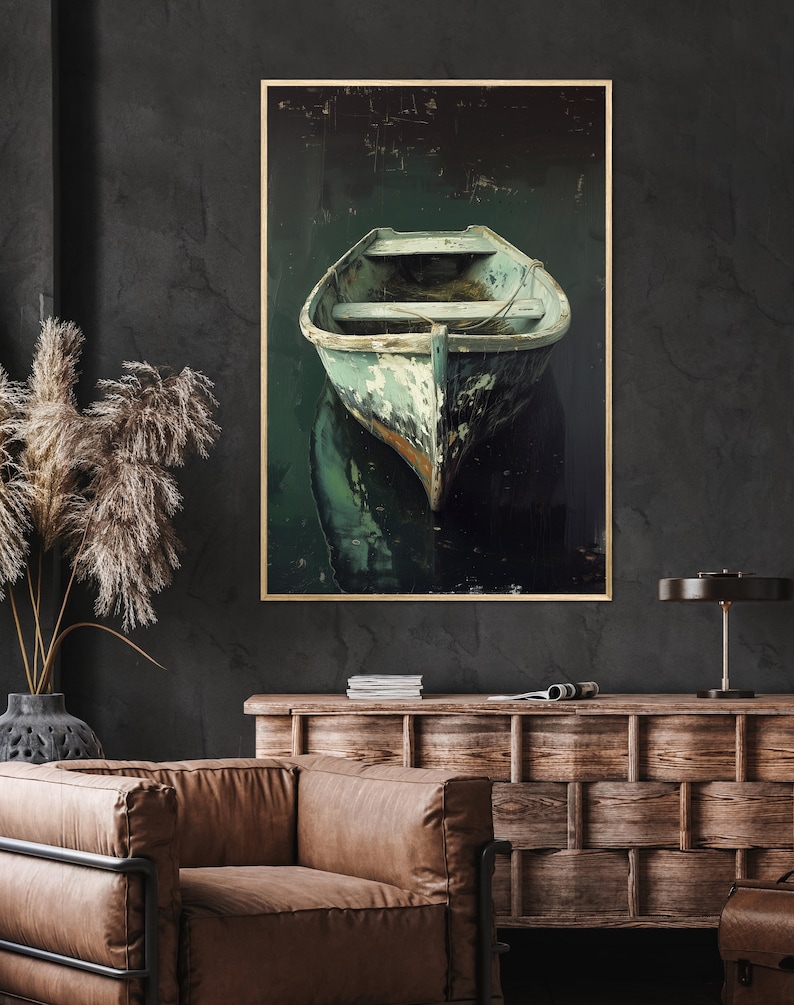 A tranquil artwork capturing a rustic boat's serene reflection in still waters, embodying a quiet escape and the beauty of simplicity. Ideal for a calming space.