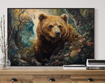 Arte de parede com urso pardo majestoso - Tela rústica com estampa de animais da floresta