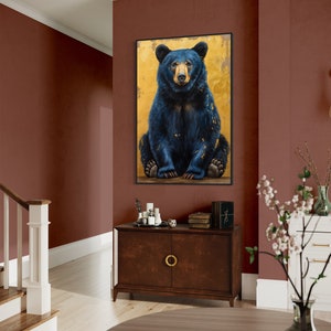 Realistic painting of a blue-black bear with golden accents. The bear sits against a textured golden background, combining natural beauty with artistic flair. Perfect for adding a unique touch of wilderness charm to any space.