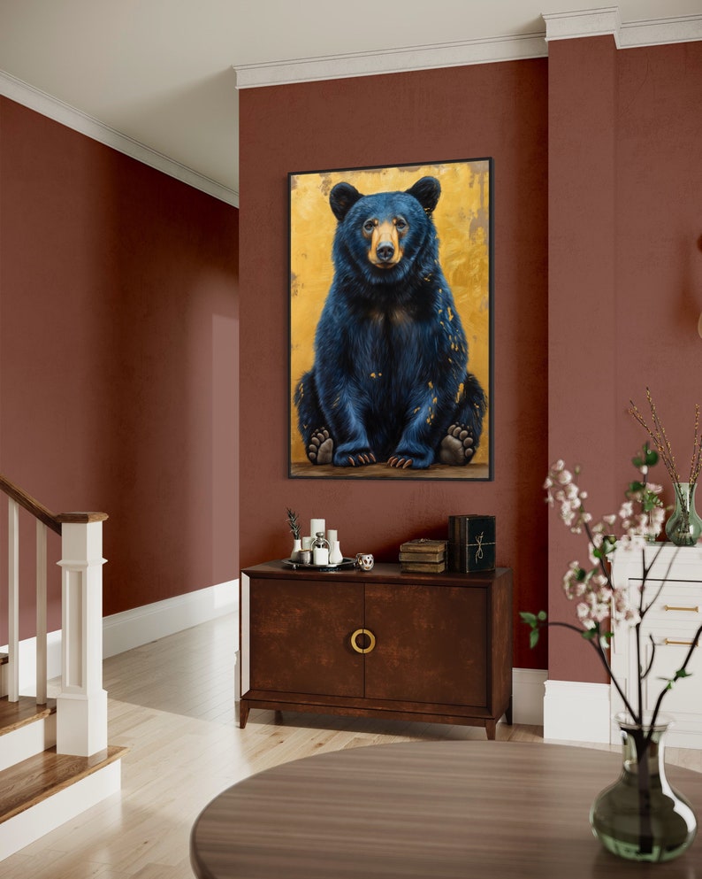 Realistic painting of a blue-black bear with golden accents. The bear sits against a textured golden background, combining natural beauty with artistic flair. Perfect for adding a unique touch of wilderness charm to any space.