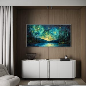 A breathtaking nightscape where swirls of luminescent green and yellow dance across the sky, mirroring on the tranquil lake below. Tall pines stand in silhouette against a Van Gogh-inspired celestial masterpiece.