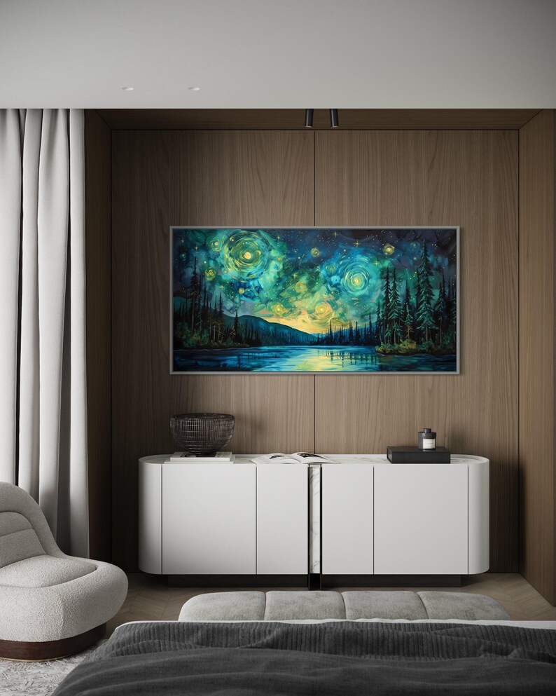 A breathtaking nightscape where swirls of luminescent green and yellow dance across the sky, mirroring on the tranquil lake below. Tall pines stand in silhouette against a Van Gogh-inspired celestial masterpiece.