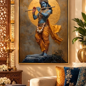Immerse yourself in divine grace with this exquisite art piece of Lord Krishna playing the flute. The vibrant colors and intricate details make it a captivating addition to any spiritual or cultural space.
