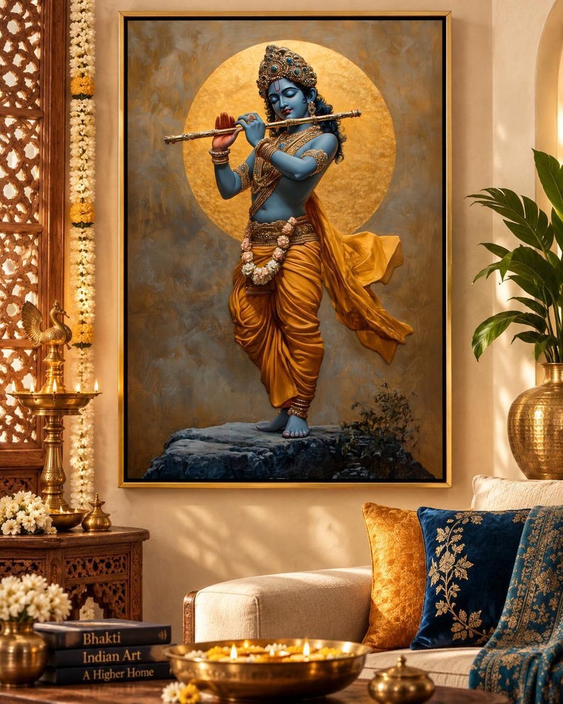 Immerse yourself in divine grace with this exquisite art piece of Lord Krishna playing the flute. The vibrant colors and intricate details make it a captivating addition to any spiritual or cultural space.
