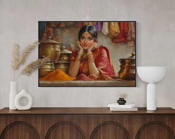 Indian Woman Canvas – Vibrant Spice Market Art, Cultural Portrait, Boho Ethnic Decor, Traditional Saree Print for Living Room