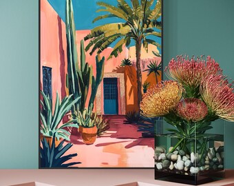 Marokkanischer Innenhof Kunstdruck - Marokkanische Terrasse Illustration - Bunte Boho Kaktus Wandkunst, Tropische Wüste Wohndekoration