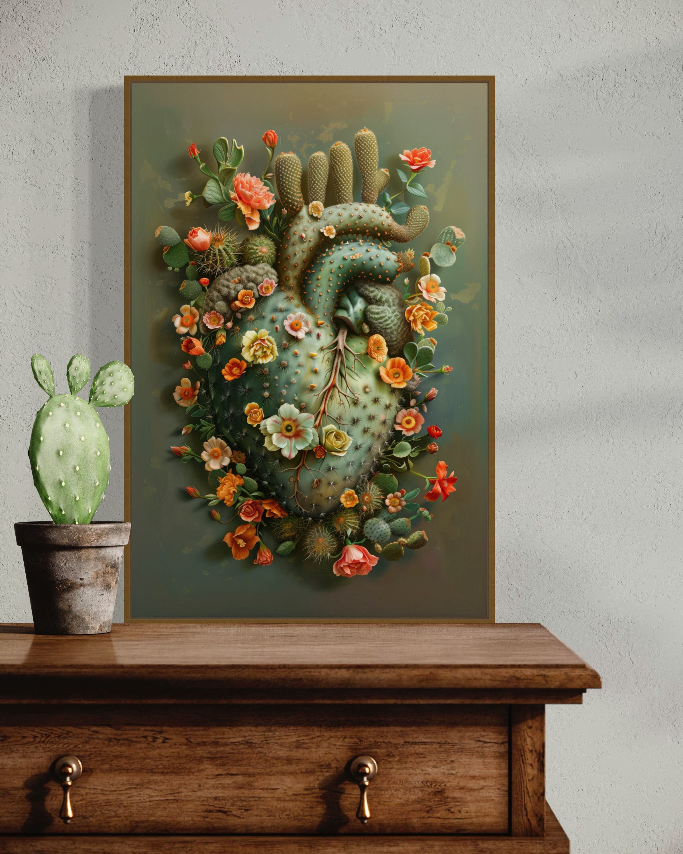 Surreal Blooming Heart - Whimsical Cactus Flower Art Print, Rustic Boho Wall Art Decor for Home and Above Bed