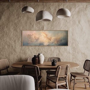 Skyscape Panorama - Gentle Cloud Painting Print, Soothing Above Bed Decor, Long Narrow Bedroom Art with Ethereal Sky