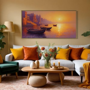 This breathtaking canvas print captures the beauty of the Ganges River at sunrise. The golden light reflects off the calm water, creating a peaceful and spiritual scene. This artwork brings a sense of tranquility and cultural richness to any space.