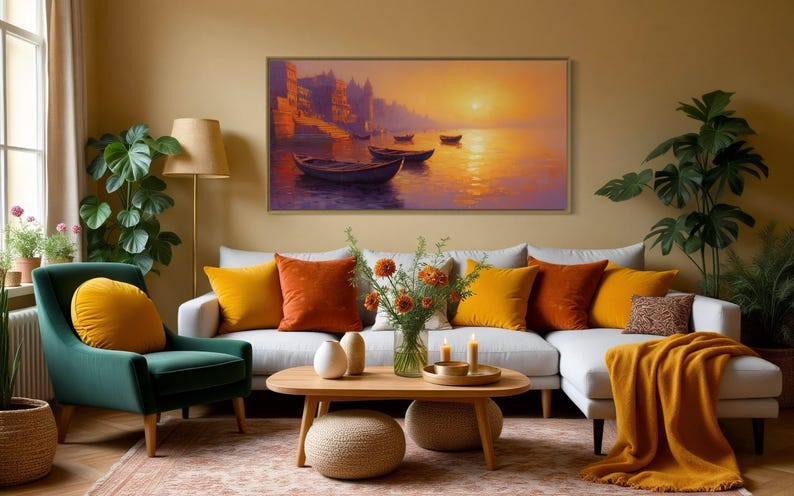 This breathtaking canvas print captures the beauty of the Ganges River at sunrise. The golden light reflects off the calm water, creating a peaceful and spiritual scene. This artwork brings a sense of tranquility and cultural richness to any space.