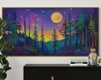 満月の松の木の油絵：夜の森のインパストアート（8x8インチ） - Etsy 日本