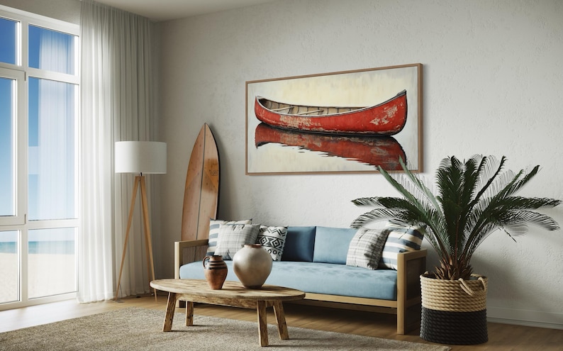 This artwork features a rustic red canoe resting serenely on calm waters. The canoe, with its weathered surface, reflects beautifully in the water, showcasing its rich color. The soft background adds a tranquil atmosphere, perfect for nature lovers.