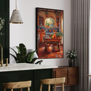 This vibrant art print captures a cozy Mexican kitchen filled with warm terracotta tones, rustic wooden furniture, and colorful tiles. Fresh produce, hanging plants, and pottery create a welcoming, homely feel. A perfect piece for farmhouse.