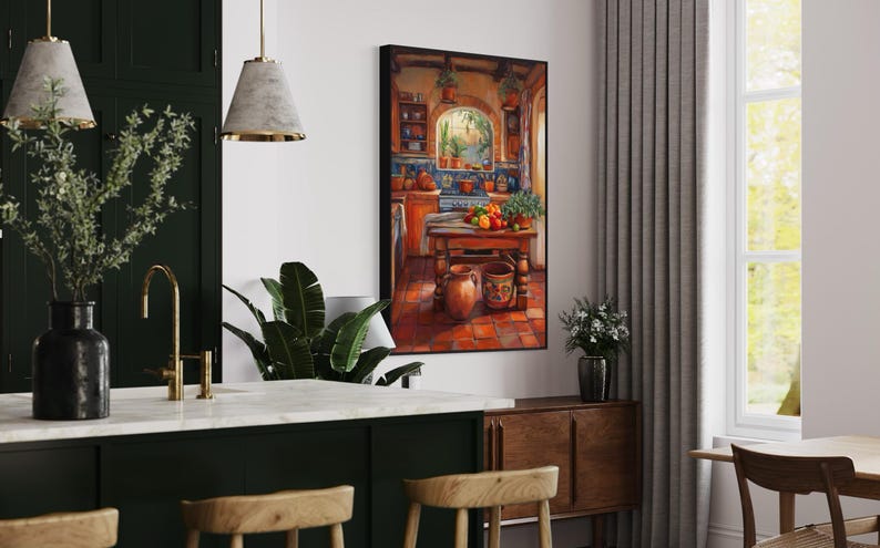 This vibrant art print captures a cozy Mexican kitchen filled with warm terracotta tones, rustic wooden furniture, and colorful tiles. Fresh produce, hanging plants, and pottery create a welcoming, homely feel. A perfect piece for farmhouse.