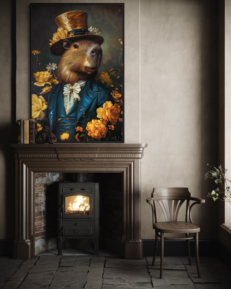 An elegantly attired capybara in a top hat graces this portrait, surrounded by a vibrant bloom of golden flowers, emanating sophistication and charm.
