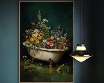 Whimsical Floral Bathtub Art Print – Vintage Tub With Wildflowers, Cottagecore Botanical Wall Art, Garden-Inspired Bathroom Decor