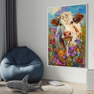 Whimsical Bovine Beauty - A lively painting of a cow among a splash of colourful wildflowers, rendered in a playful, impressionistic style.